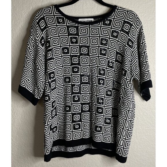 Vintage Womens Joan Leslie 1X Black Sequin Geometric Sweater Short Sleeve Career - Picture 1 of 8